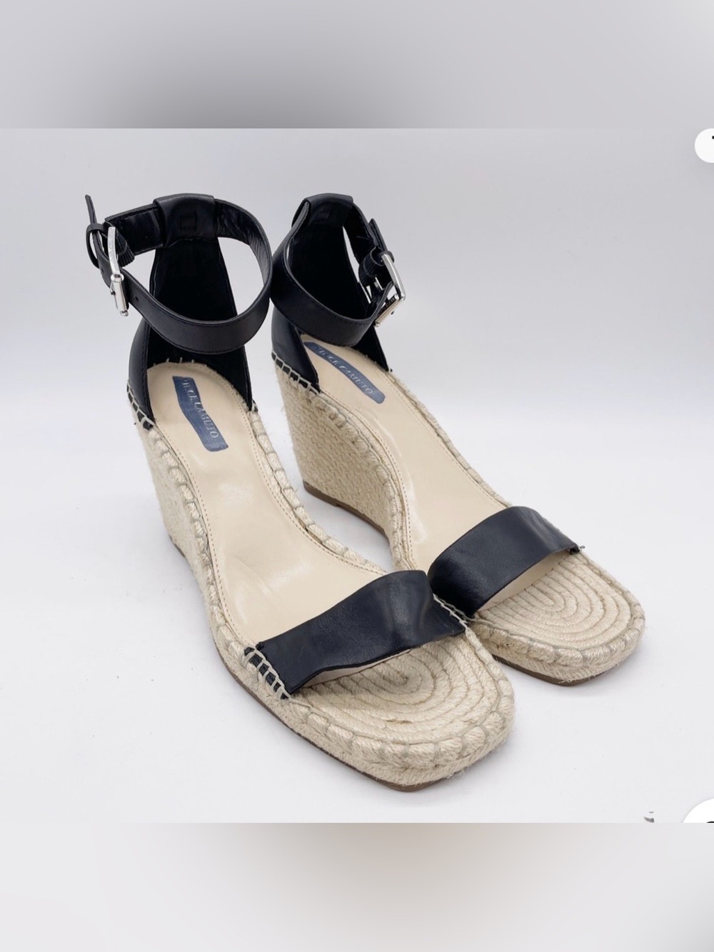 Vince Camuto Black Leather Espadrille Wedge Sandals with Ankle Strap